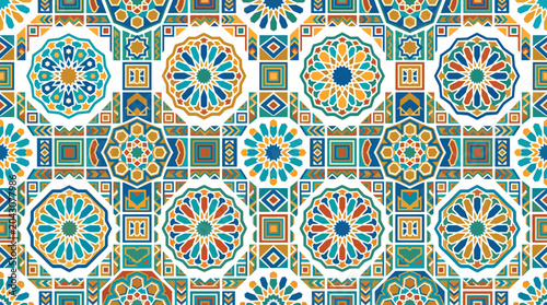 Colorful geometric mosaic tiles with circular mandala patterns and intricate ornamentation across a tiled surface.