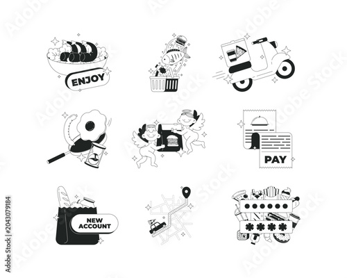 Funky fast food order delivery clean onboarding illustration pack. Takeout restaurant. Online account and payment. Micro UX. Mobile UI app introduction collection. Black and white line vector concepts