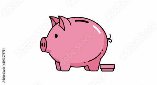 Pink cartoon piggy bank with a slot and a coin by its side on white