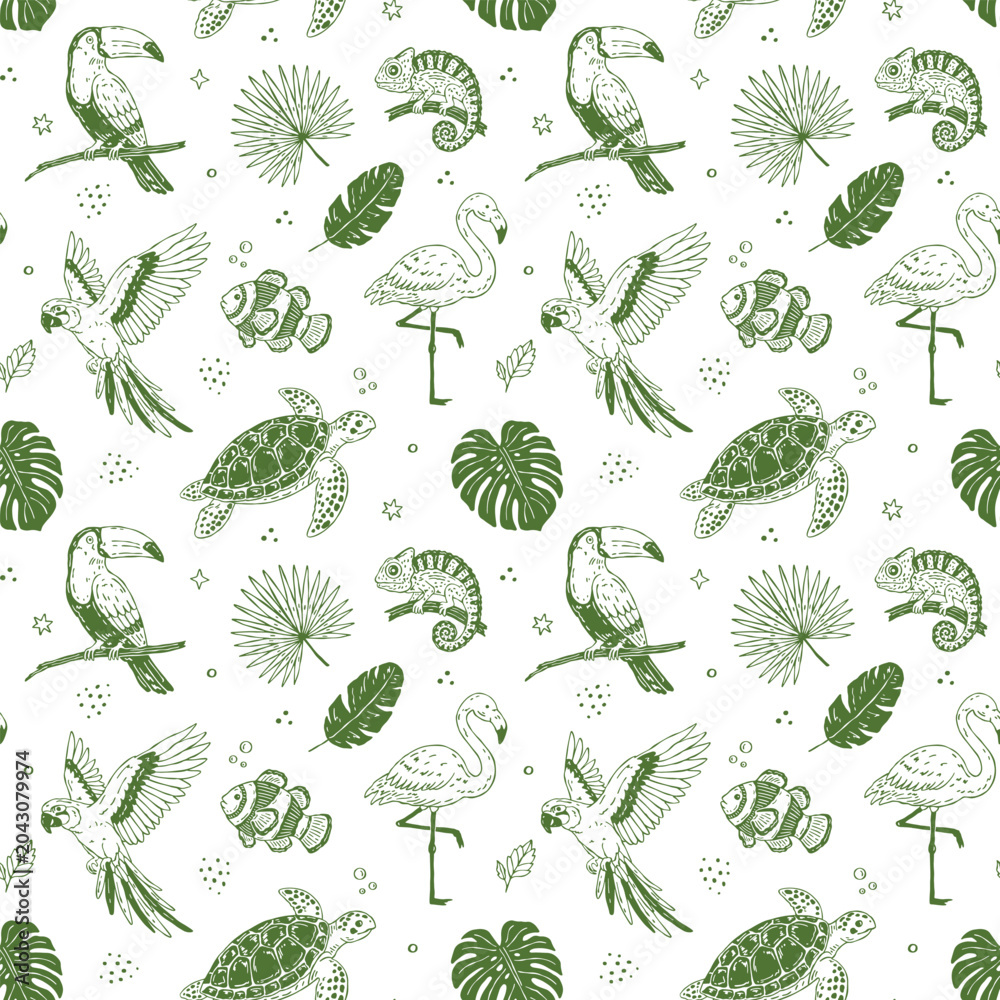 Obraz premium Whimsical hand drawn tropical doodle animal seamless pattern with toucan, parrot, chameleon, flamingo, sea turtle and tropical fish in playful minimal flat style
