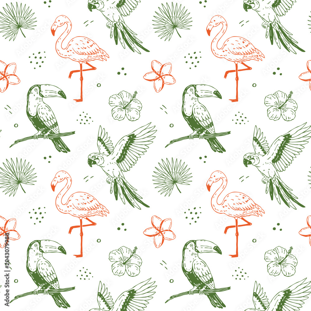 Obraz premium Whimsical hand drawn tropical birds and flowers seamless pattern with flamingo, toucan, parrot, plumeria and hibiscus in playful minimal flat style