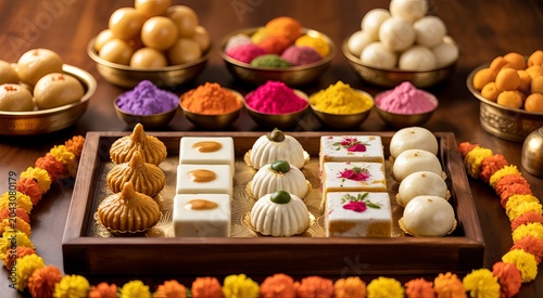 Traditional wooden tray filled with colorful assortment of dried spices and herbs in small bowls