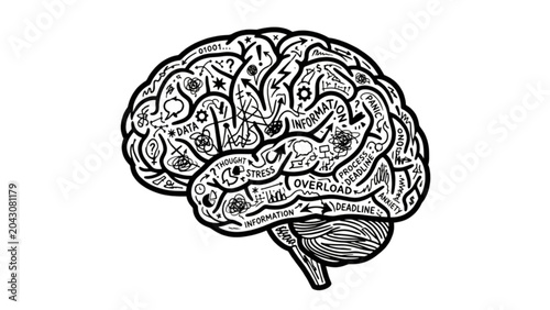 Obraz na plátně Human Brain Filled with Chaotic Symbols and Tangled Lines – Cognitive Overload C