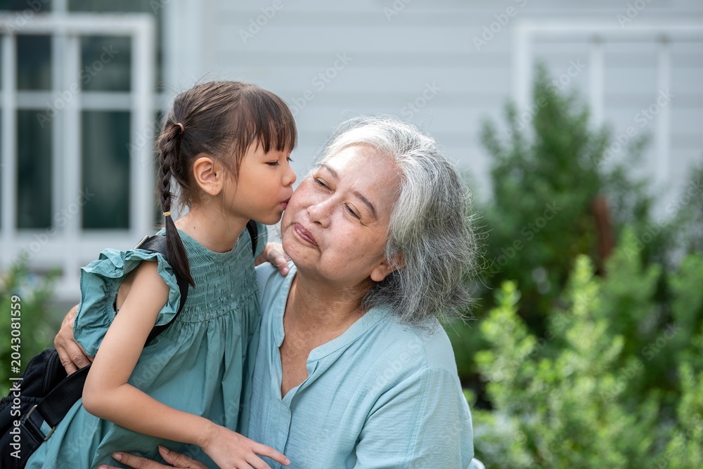 Obraz premium Grandmother encouraging granddaughter before going to school showing love and emotion support in family bonding. Portrait of senior woman and grandchild in uniform hugging with smile in garden.