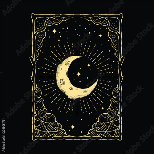 Golden crescent moon tarot card with ocean waves, clouds and stars, vintage engraving illustration