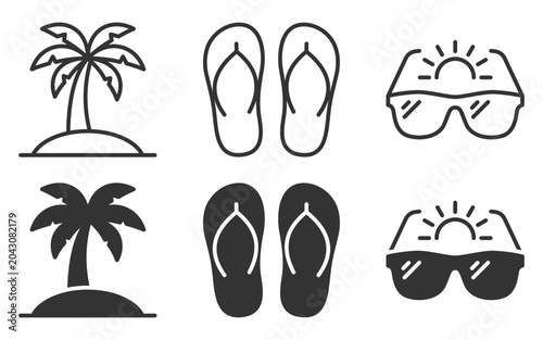 Summer icons: palm trees, flip flops, sunglasses – beach vibes collection. Vector illustration.