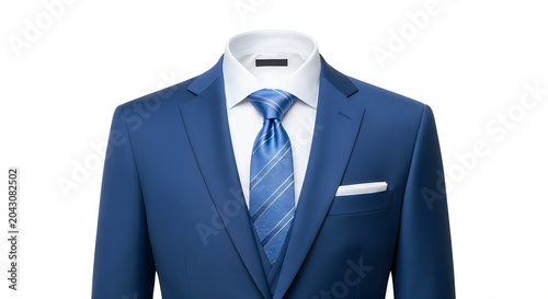 Classic blue suit with white shirt and striped tie formal wear fashion clothing.