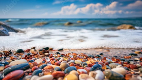 Colorful pebble beach with white foamy waves under a bright blue sky, creating a vibrant summer background filled with coastal beauty, relaxation, and vacation vibes.