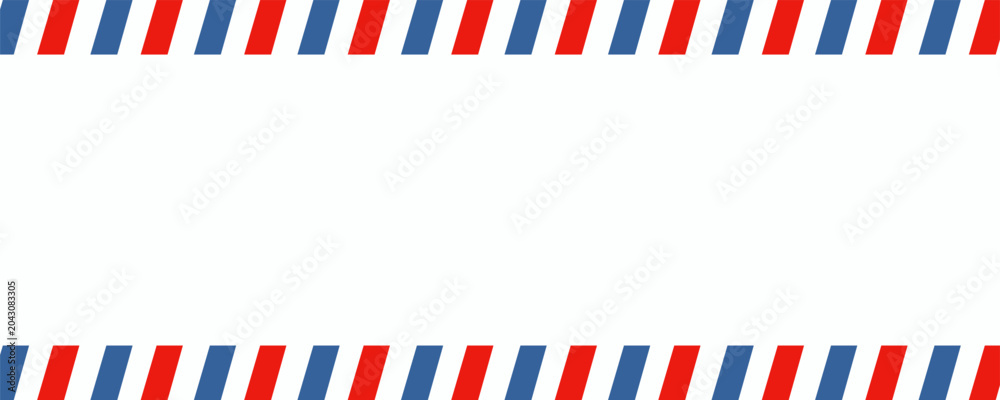 Fototapeta premium Airmail envelope frame with blue and red stripes on white background. International vintage letter border. Retro air mail postcard.