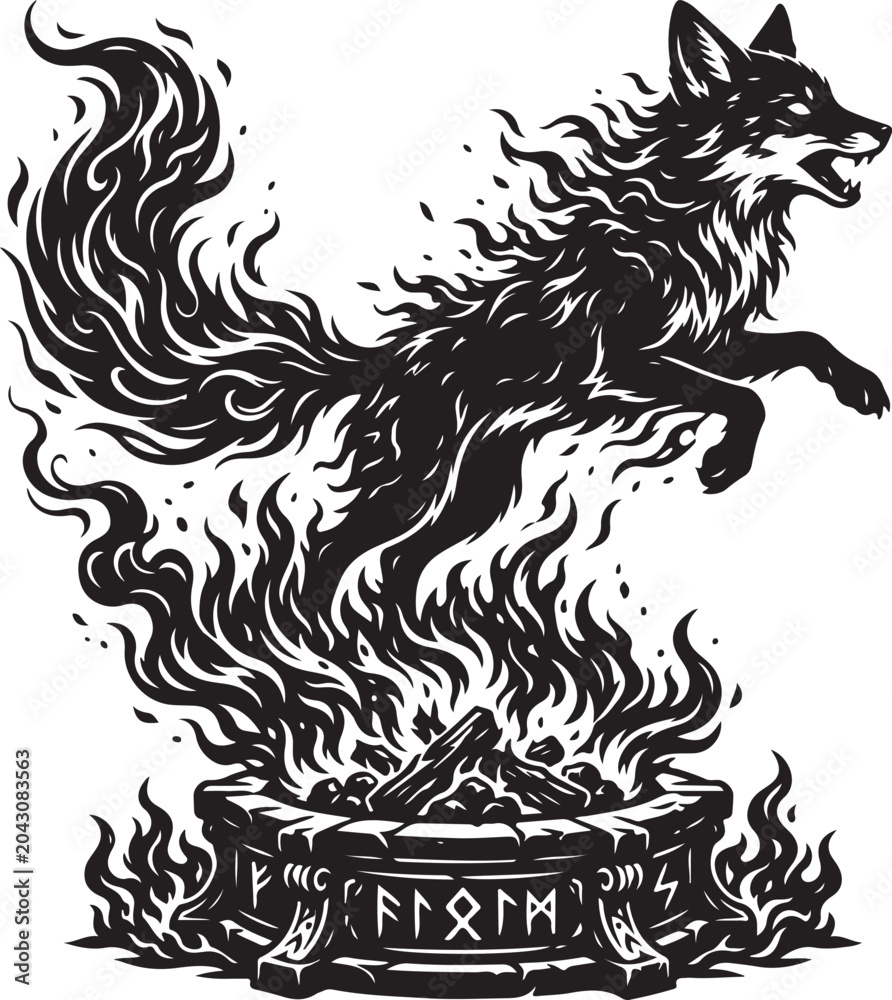 Obraz premium Mythical Black Fox Emerging from Flames in Dark Gothic Style Illustration,Generative AI