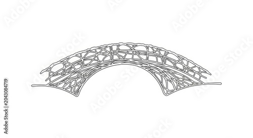 Abstract metallic arch structure with complex geometric wireframe design. Modern architectural or engineering concept for futuristic infrastructure.