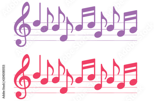 Foto Vibrant purple and red musical notes on staff lines for creative design and music education art
