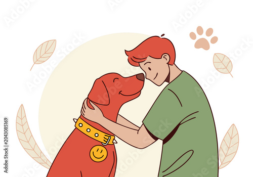 Obraz na plátně A happy man with red hair gently caresses his beloved red dog, showing affection and companionship in a warm, illustrated scene