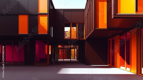 Modern modular office campus with vibrant orange and yellow windows sleek architecture and open courtyard