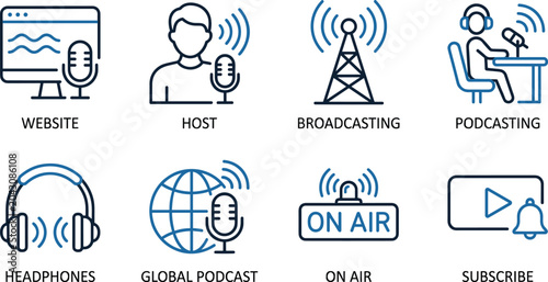 Fotografi Podcast, voice and studio equipment linear icon set