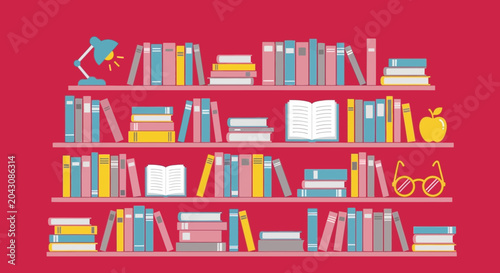 Fotografía Colorful Bookshelf Illustration with Reading Accessories