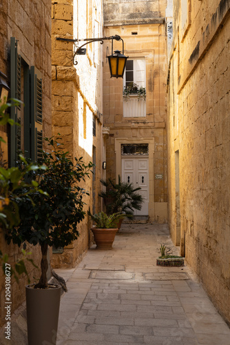 Charming Narrow Street with Traditional Door and Lantern in Mdina