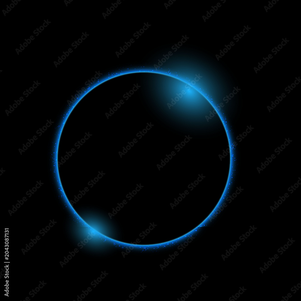 Fototapeta premium Glowing blue circular frame with vibrant light particles isolated on a solid deep black background