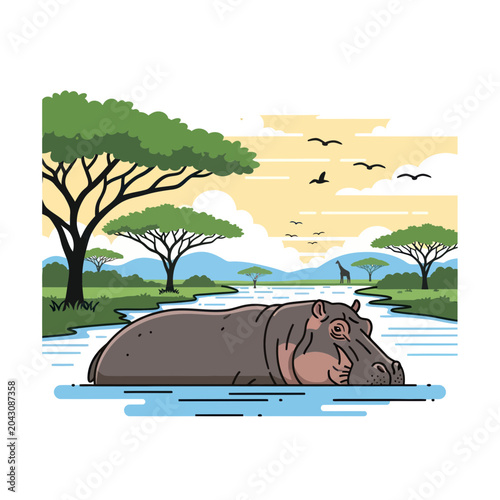 Photos A large hippopotamus in the water.