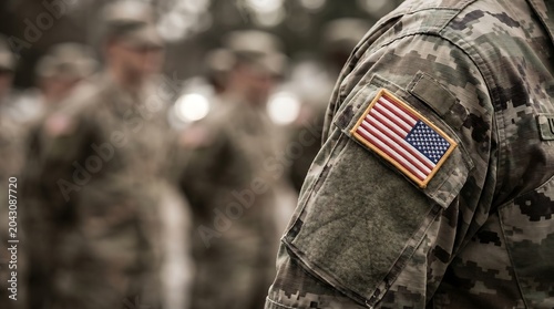 Close up of American flag patch on soldier shoulder in camouflage uniform with blurred military background