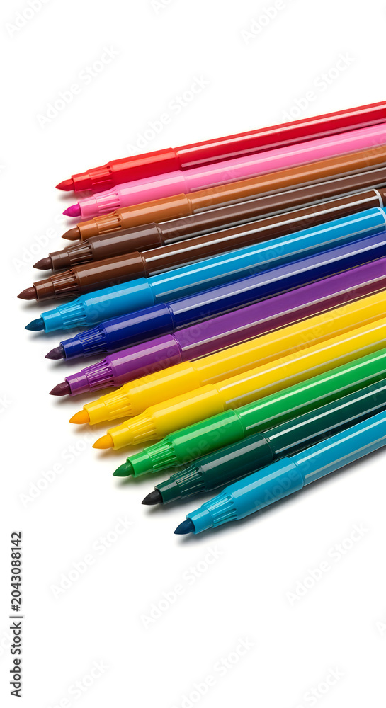 Fototapeta premium Set of colorful marker pens in rainbow hues arranged on white background.