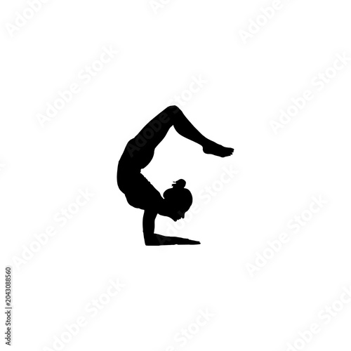 Yoga, woman in black silhouette, inverted pose, fitness icon, exercise graphics