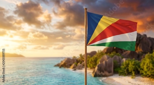 Seychelles national flag waving on a tropical beach during golden hour sunset over turquoise ocean water
