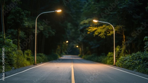 A quiet winding asphalt road illuminated by streetlights passes through a dense dark forest evoking a sense of serene travel and natural tranquility during twilight hours