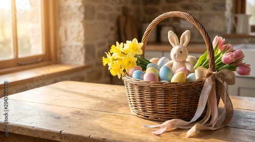 Woven Easter basket with pastel eggs plush bunny and spring flowers on sunlit rustic table