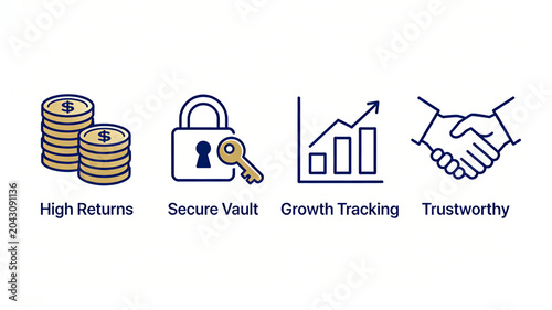 Gold coin pile, vault lock, growth curve, and trust handshake represent high-yield secure custody and trustworthy cooperation, suitable for investment and asset management platforms.
