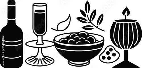 Foto Seder table setting with wine and traditional foods