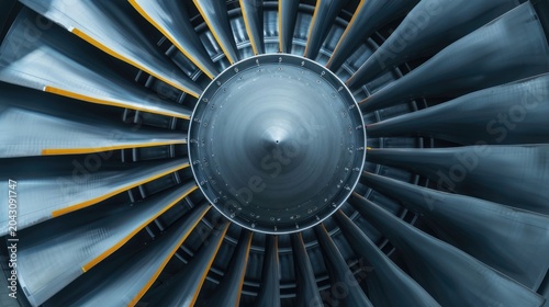 Detailed front perspective of a modern jet engine s fan assembly highlighting the symmetrical arrangement of polished metallic blades with bright orange edges