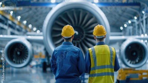 Workers in safety gear in an industrial hangar examine a detailed airplane jet engine highlighting aviation engineering repair and collaborative ope ns