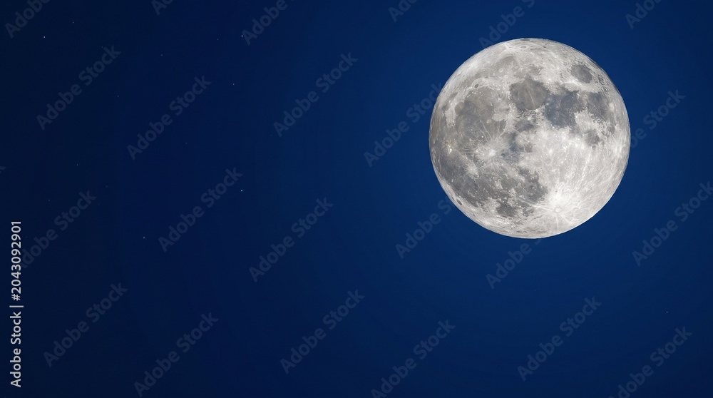 Fototapeta premium A bright, detailed full moon shines in the dark, clear night sky, showcasing its craters and surface.
