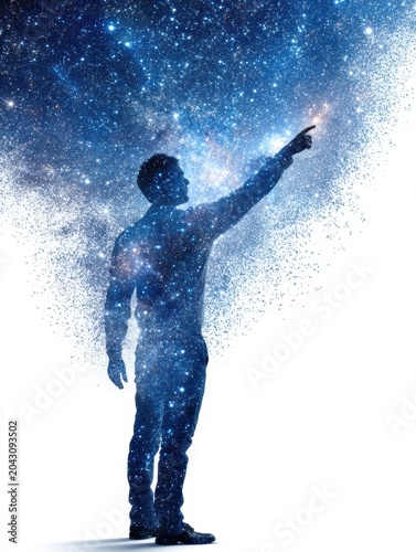 Silhouette of man pointing into star filled galaxy with cosmic dust dispersion on white background