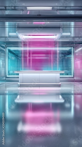 Futuristic glass laboratory interior with neon magenta and cyan light panels and central workstation