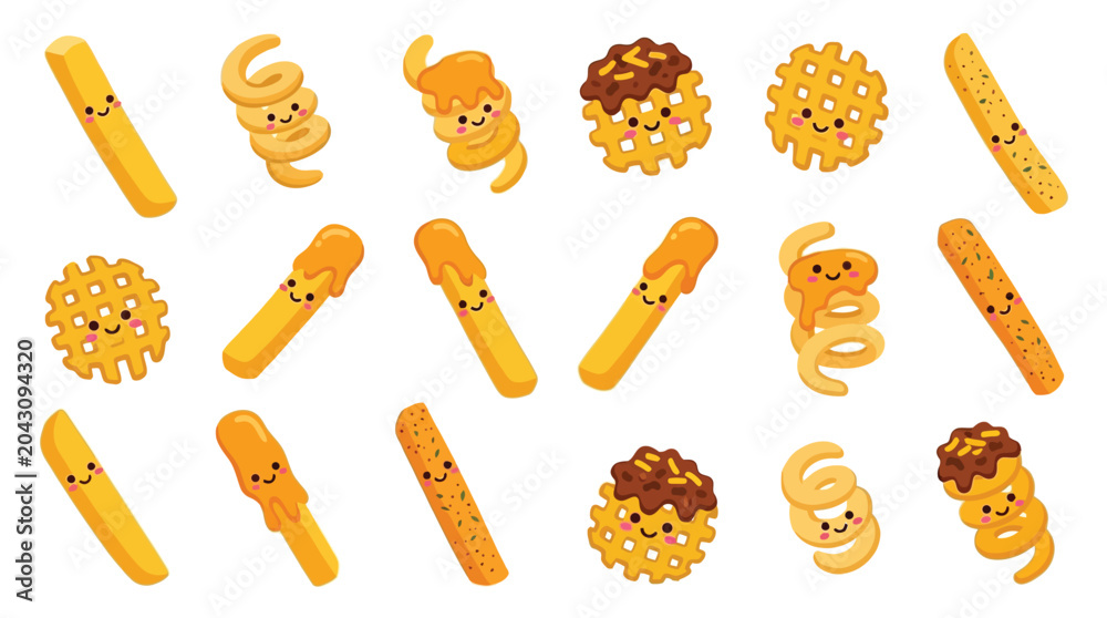 Αυτοκόλλητο Collection of cute cartoon potato chips and snacks with happy faces, isolated on white background