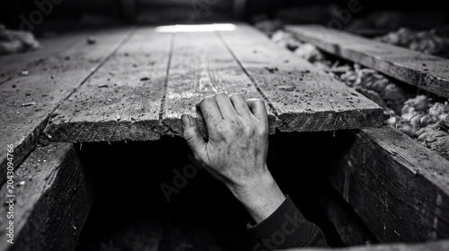 A dirty, desperate hand grips the edge of a rough wooden floorboard from the darkness below. It conveys a terrifying sense of frantic escape, hidden danger, and suffocating entrapment.