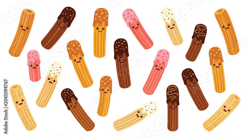 Εκτύπωση καμβά A delightful assortment of cartoon churros with happy faces, dipped in chocolate and sprinkles, arranged playfully on a white background