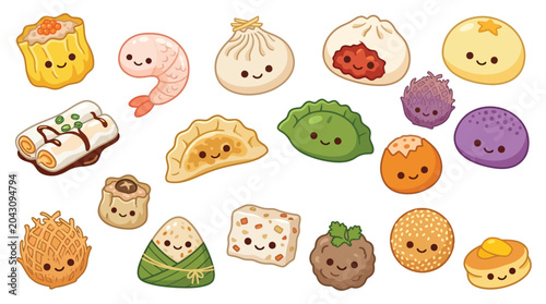 Photos A delightful collection of kawaii-style Asian dumplings and dim sum, each with a cute smiling face, presented on a white background