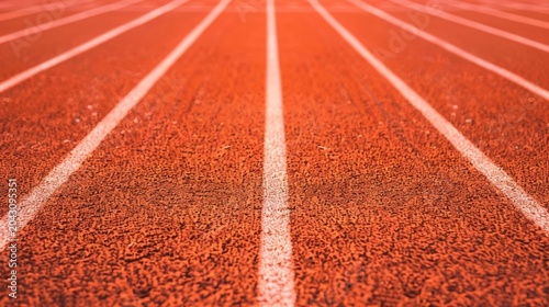 An abstract close up perspective of an empty athletic running track showcasing the vibrant orange red surface and white lane lines ideal for sports backgrounds