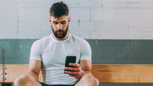 A man with a beard and athletic build sits on a wooden bench wearing a white t shirt deeply focused on his smartphone screen in what appears to be a gym or locker room environment