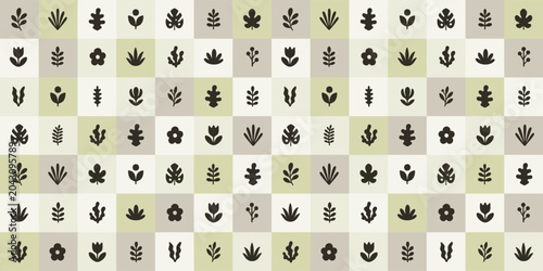 Scandinavian Folk Botanical Seamless Pattern Sage Green and Beige Checkerboard Grid With Minimal Floral Icons Nordic Nature Inspired Surface Design
