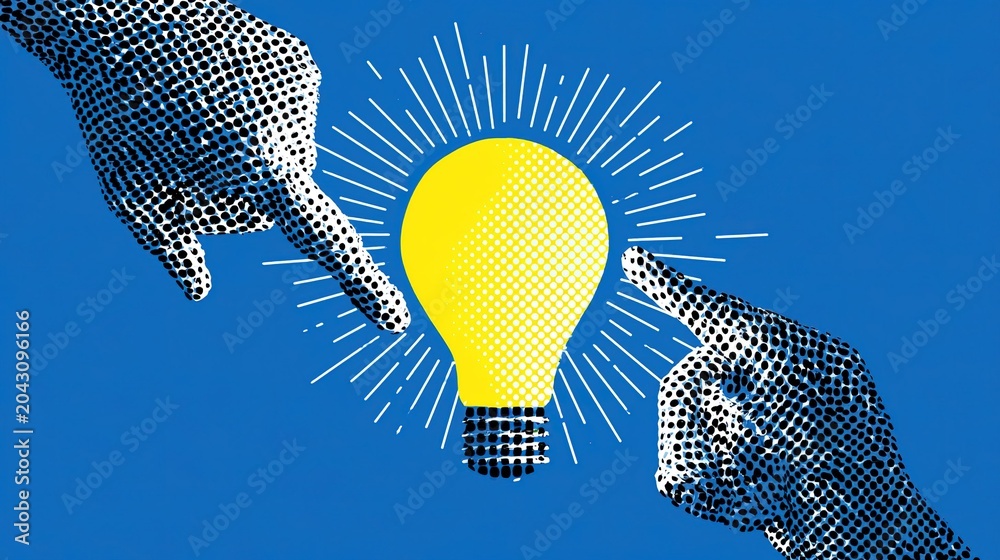 Fototapeta premium Creative halftone graphic with two black-white dotted stylized hands pointing toward central glowing yellow textured lightbulb surrounded by radiant white rays on vivid solid blue backdrop