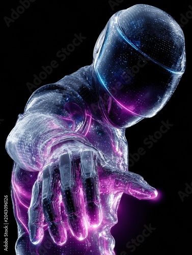 Futuristic humanoid android reaching forward with neon purple glow and starfield texture