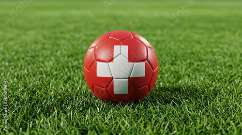 Football on turf grass with Swiss red cross flag design