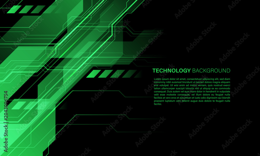 Obraz premium Abstract green circuit board technology connected lines electronics elements computer motherboard digital on black background vector