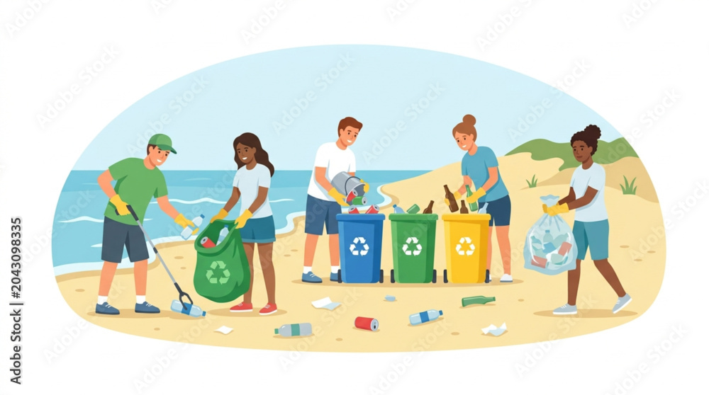 Fototapeta premium Diverse group of volunteers actively cleaning a sandy beach by collecting litter and separating recyclables into colorful bins near the ocean