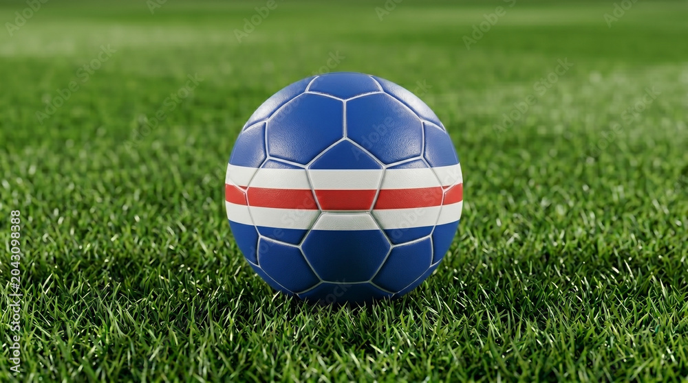 Fototapeta premium Football on green field with flag of Cape Verde