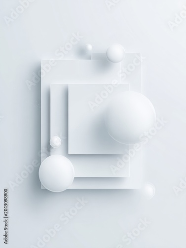 Minimal white 3D geometric background with layered square panels and floating spheres